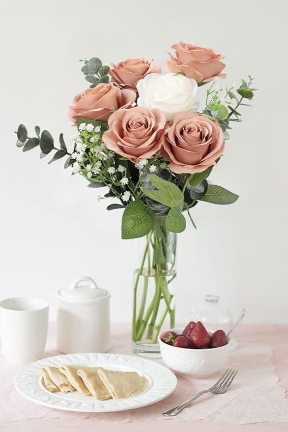 12pcs Roses Artificial Flowers Dusty Rose Fake Flowers with Long Stems Silk Flowers for Wedding Bouquet Centerpices Decorations Party Bridal Baby Shower Home Decor