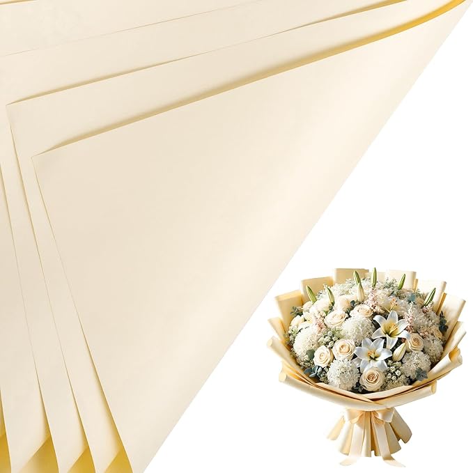 LeZakaa 20 Sheets Flower Wrapping Paper - Waterproof Reversible Floral Bouquet Paper - Cream Yellow Design for Valentine's Day, Mother's Day, Parties, Birthdays, Weddings, Baby Shower