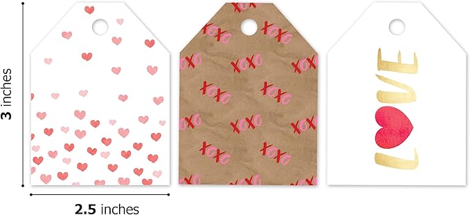 Pro Supply Global 24 Count of 2.5 Inch x 3 Inch Pre Strung Valentine's Day Fading Hearts Gift Tag Assorted Printed Designs on Large Cardstock Gift Hang Tags - Ideal to Use on Bags