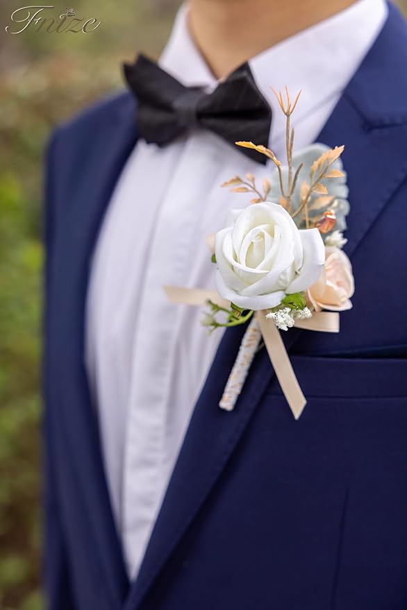Fnize Champagne Boutonniere for Men, 6 Pcs Groom Groomsmen Boutonnieres, Artificial Flowers for Wedding Prom Homecoming