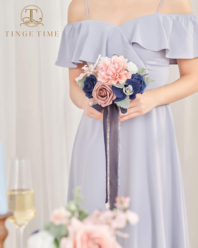 TINGE TIME 7inch Wedding Bouquets for Bridesmaid, Artificial Flowers Cascading Bridal Bouquet for Wedding (Dusty Rose & Navy Blue, Set of 4)