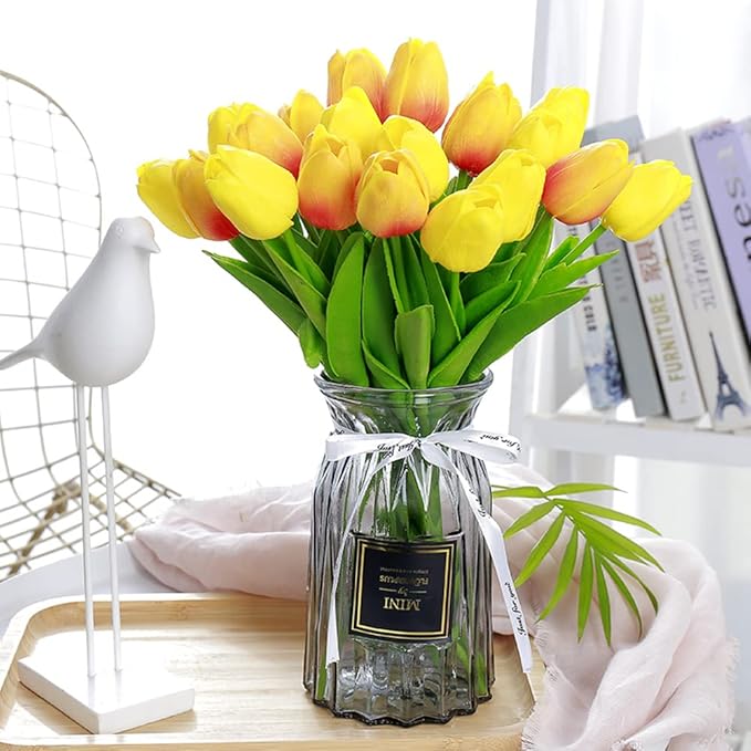 30 Pcs Fake Latex Tulips Artificial Flowers Faux Tulip Stems Real Touch Tulips for Wedding Party Home Decoration (Sunset)
