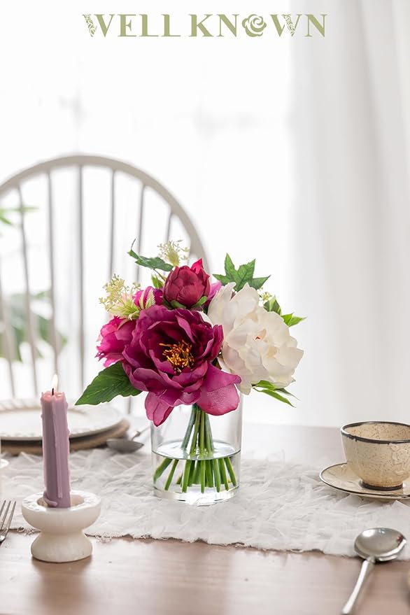 WELL KNOWN Artificial Flowers in Glass Vase with Fake Water, Silk Peony Flower Bouquet for Home Dinning Tea Table, Office Desktop, Hotel, Wedding, Party, Lavatory Decor & Gift (Fuchsia & White)