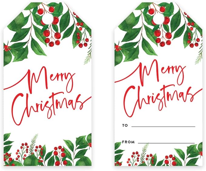 Andaz Press Christmas Holiday Season Classic Gift Tags, Merry Christmas to from Classic Favor Tags, Holly Greenery Leaves Design, for Holiday Events, Parties, and Favors, 60-Pack