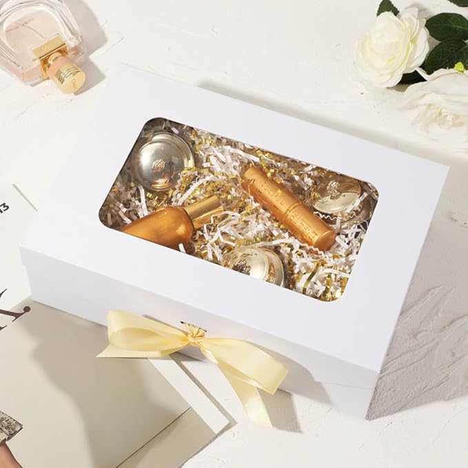 5 Pcs White Gift Box for Presents with Ribbon 10.8x7.5x3.5 Inches Clear Gift Box with Window Magnetic Closure Gift Boxes with Lids