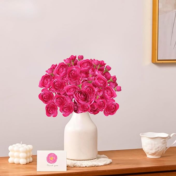 ASTRYAS Ranunculus Artificial Flower, 18Pcs Hot Pink Faux Silk Mini Ranunculus Flowers for DIY Bouquet, Bulk Fake Wedding Filler Flowers for Centerpiece Table Wedding Bridal Party Home Decor Cake