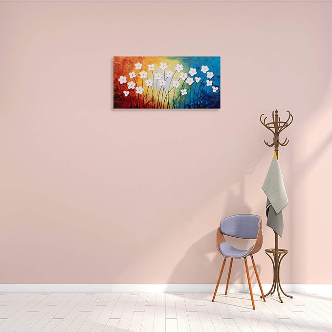 Yihui Arts Hand Painted Textured Flower Canvas Art: Rainbow Hues White Blossoms Abstract Wall Decor for Living Room, Bedroom & Office