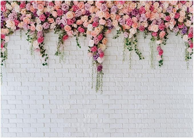 LTLYH 5x3ft White Brick Wall Floral Backdrop with Hanging Flowers – Spring Garden Photo Backdrop for Bridal Shower, Baby Shower, Birthday Party, Wedding Photography Decoration 134
