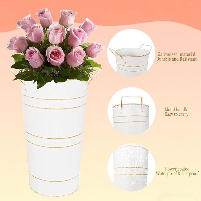 10" Tall Flower Buckets Metal Vase - Pack of 10 Rustic Farmhouse Centerpiece Vases for Table with Handles, Wedding Home Table Decor, Farmhouse White Flower Bar Bucket Holder