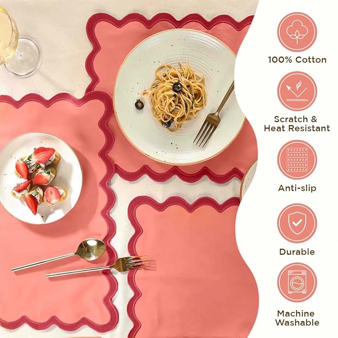 Folkulture Christmas Placemats Set of 4, 13 x 19 Inches 100% Cotton Boho Place Mats or Heat Resistant Table Mats for Dining Table Decor, Scalloped Kitchen Mats or Farmhouse Table Place Mats (Red)