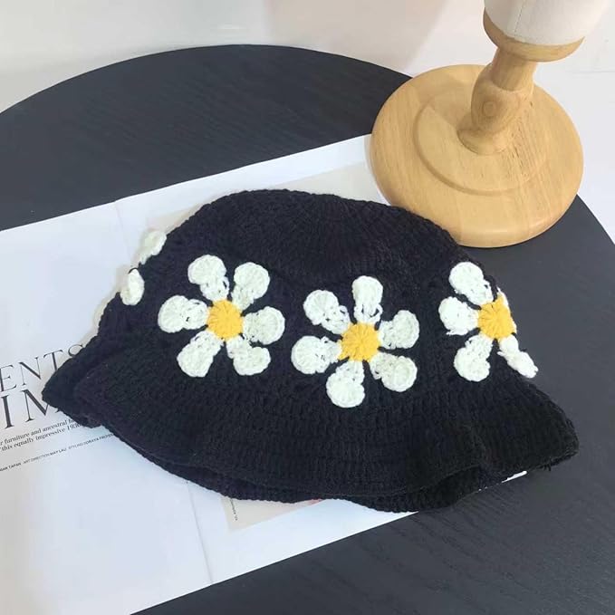 Crochet Bucket Hat for Women Flower Knit Hat Hollow Out Foldable Cap Hats