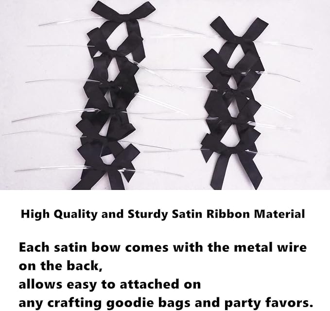 50 PCS 3 Inch Black Twist Bows for Treat Bags, Satin Twist Tie Bows, Pre Tied Bows with Wire, Ribbon Bows with Twist Ties, Bow Ties for Gift Bags, Popcorn Bags, Cookie Bags, Party Favors