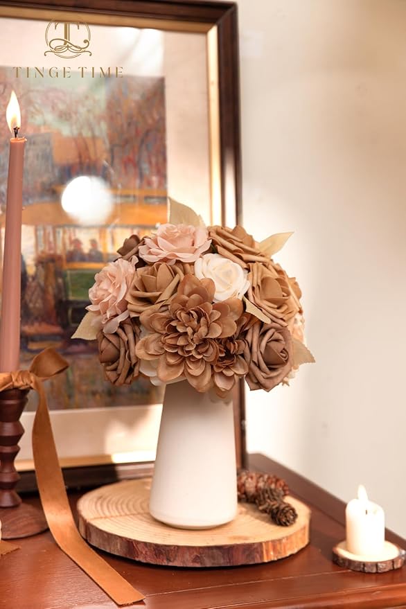 TINGE TIME Artificial Flowers Combo Set, Gradient Color Flower Leaf with Stems for DIY Wedding Bouquets Centerpieces Baby Shower Party Home Decorations(Dark Milk Tea)