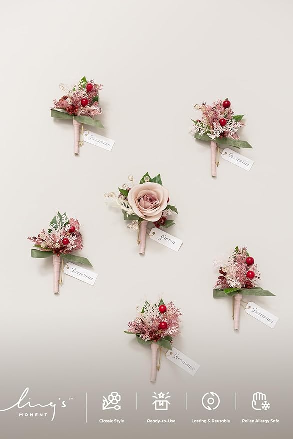 Ling's moment Boutonniere for Men, 6pcs Groom Groomsmen Boutonniere, Artificial Flowers for Wedding Decor/Prom/Homecoming, etc.Cinnamon Rose Pink
