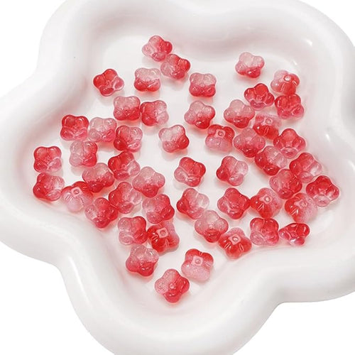 100PCS Glass Flower Beads for Jewelry Making 4 Petal Flower Bead Caps Gradient Cute Floral Beads Aesthetic Charms for Necklace Bracelets Earrings DIY Craft Home Decoration-Red