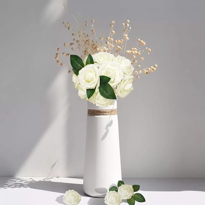 AmyHomie Artificial Flower Ivory Rose 25pcs Real Looking Fake Roses w/Stem for DIY Wedding Bouquets Centerpieces Arrangements Party Baby Shower Valentines Day Christmas Tree Decorations