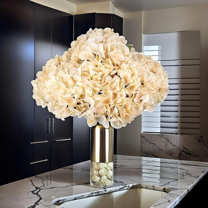 2Bouquets Artificial Fake Flowers Plants Silk Hydrangea Arrangements Wedding Bouquets Decorations Plastic Floral Home Kitchen Garden Party Festival Bar DIY (Cream,5 Flower Heads)