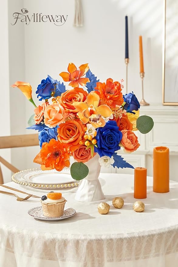 Faylifeway Artificial Flowers, Fall Orange and Red Silk Flowers for DIY Wedding Bridal Bouquets, Fall Fake Cake Flowers for Table Centerpieces Party Home Decorations