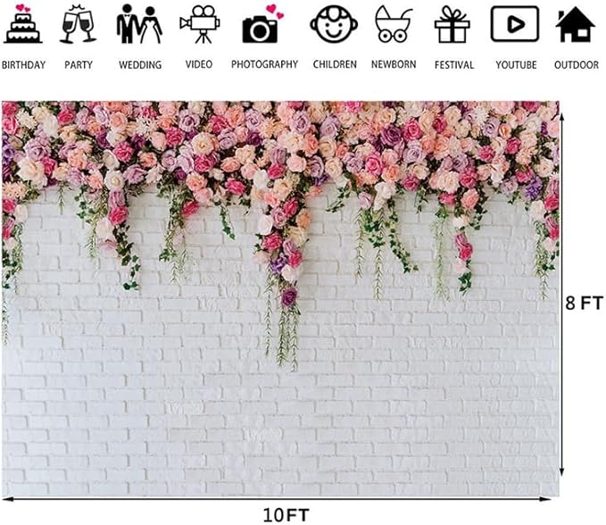 LTLYH 10x8ft White Brick Wall Flowers Background Spring Theme Photography Backdrop for Mother's Day Valentine Wedding Bridal Baby Shower Birthday Party Decor Banner Portrait Photo Booth Prop 134……