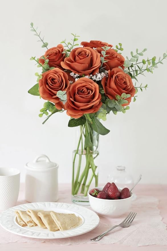 50pcs Roses Artificial Flowers Burnt Orange Fake Roses Flowers with Long Stems Silk Flowers for Wedding Bouquet Centerpices Decorations Party Bridal Baby Shower Home Decor