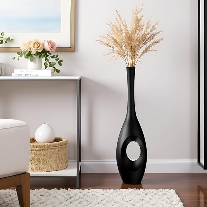 23.6" Black Floor Vase – Donut-Shaped Oval Body with Slim 3cm Neck, Modern Tall Decorative Vases for Living Room, Entryway, Office Decor – Resin Tall Floor Vase
