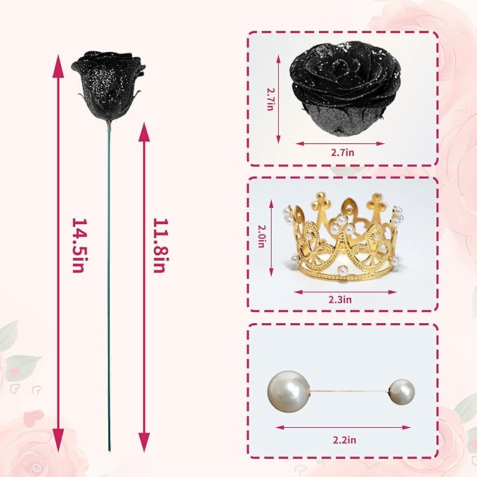 Glitter Roses Bouquet, Shiny Artificial Flowers with Stems DIY Fake Glitter Flowers Bouquet for Valentine's Day, Mother's Day, Anniversary, Graduation, Birthday, 24 Roses (Black)