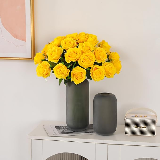 50PCS Artificial Silk Roses in Bulk & Bouquet Long Stem – Realistic Fake Roses for Wedding Centerpieces, Home Decor, Floral Arrangements, Party Decoration (Yellow)