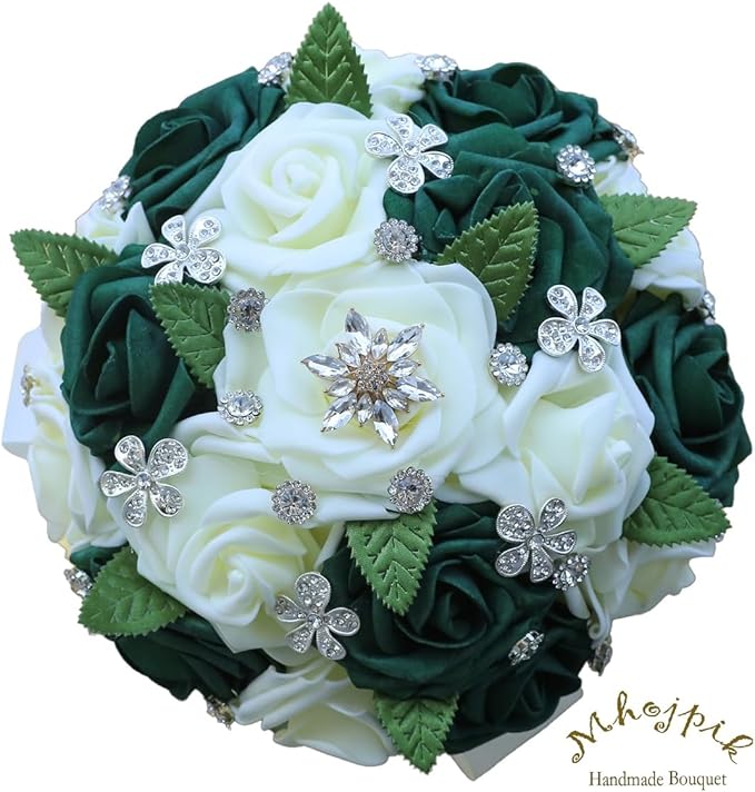 Lightweight Bridal Wedding Bouquet Round Holding Bouquet Throw Toss Artificial Rose Flower Bunch for Bride Bridesmaid Wedding Quinceanera (Cream & Dark Green, 9.1")