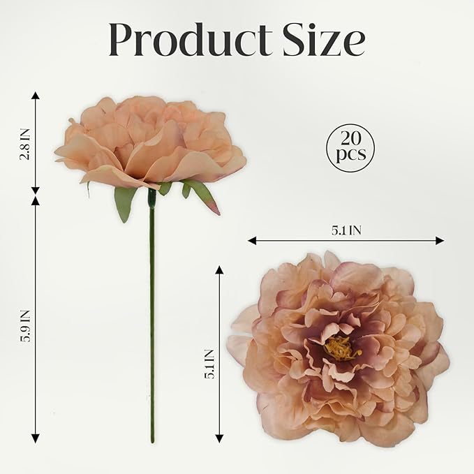 20pcs 5" Artificial Flower Peonies, Silk Peonies with 6" Stems, Flowers Suitable for Wedding Bouquets, Home Party Decoration (Caramel Colour)
