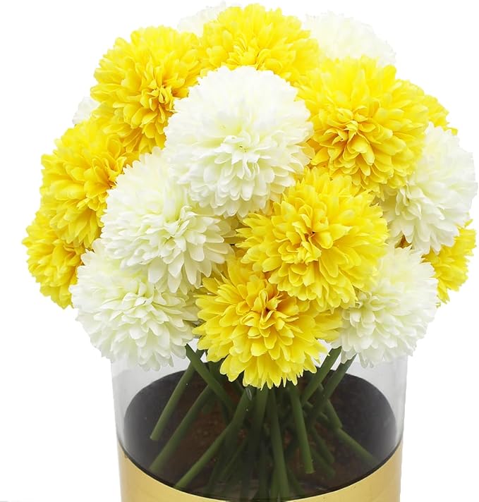 20Pcs Artificial Fake Flower Plants Silk Chrysanthemum Ball Hydrangea Arrangements Wedding Bouquets Decor Home Kitchen Garden Party Table Floral Centerpieces DIY (White&Yellow)