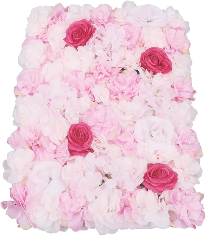 16"x 24" Artificial Flower Wall Panels,Flower Wall Mat Silk Flower Panels for Outdoor Garden Backyard Fence Fence Privacy Screen and Indoor Wall Decor (4Pcs Pink+Rose)