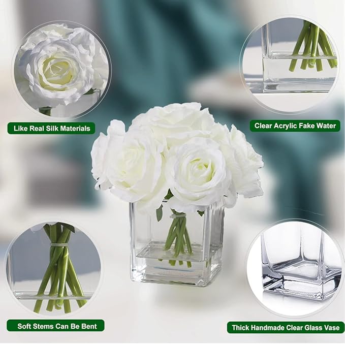 7 Large Stem Rose Artificial Flowers in Vase, Silk Floral Arrangement in Vase with Fake Water for Home Decor, Wedding Table (Cream)