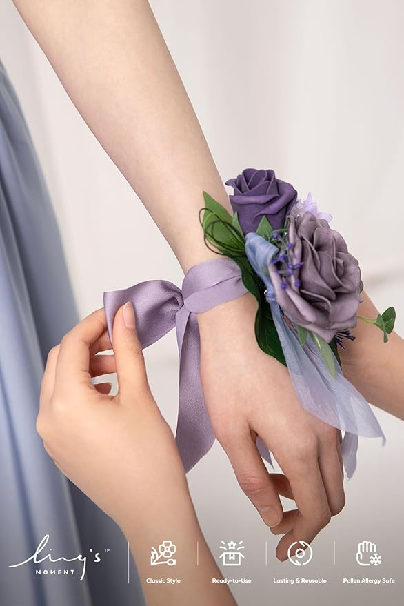 Ling's moment 6pcs Homecoming Wedding Wrist Corsage Artificial Flowers, Girl/Mother Prom Corsages Wristlet Décor, etc. Purple