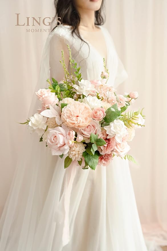 Ling's moment Blush Pink Wedding Bouquets for Bride, Blush and Cream Bridal Bouquets for Bride, 15 Inch Free Form Artificial Wedding Flower Bouquet