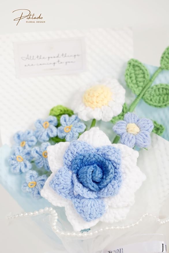 Hand-Woven Flower Bouquet Finished（1pcs） for Valentine's Day Girlfriend Birthday Gift Wedding Decoration Crochet Artificial Flower, Bouquet Gift (Blue)