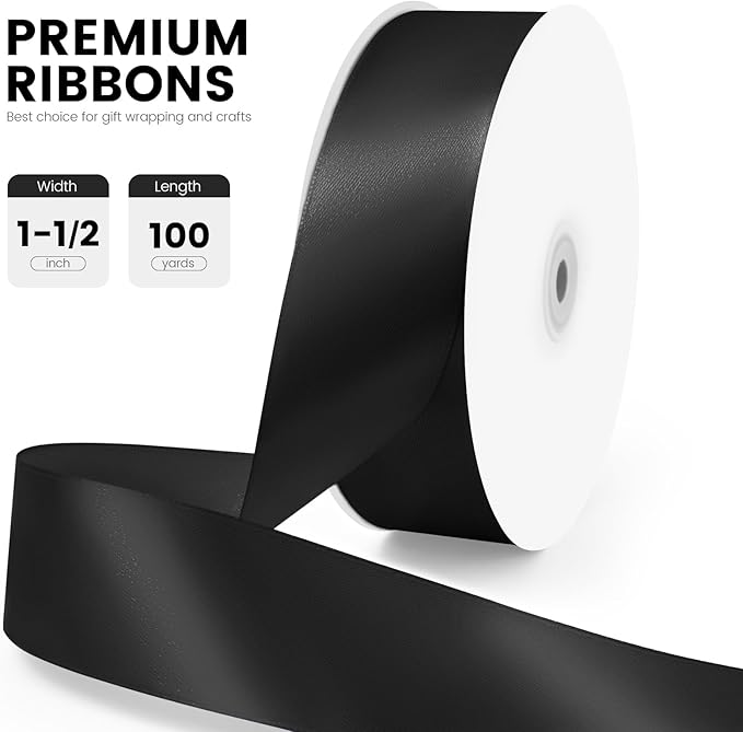 1-1/2" x 100 Yards Wide Satin Black Ribbon 1 1/2 inch, Gift Ribbon for Gift Wrapping, Flower Bouquet, Crafts, Wedding Party Decorations, Christmas and Handmade