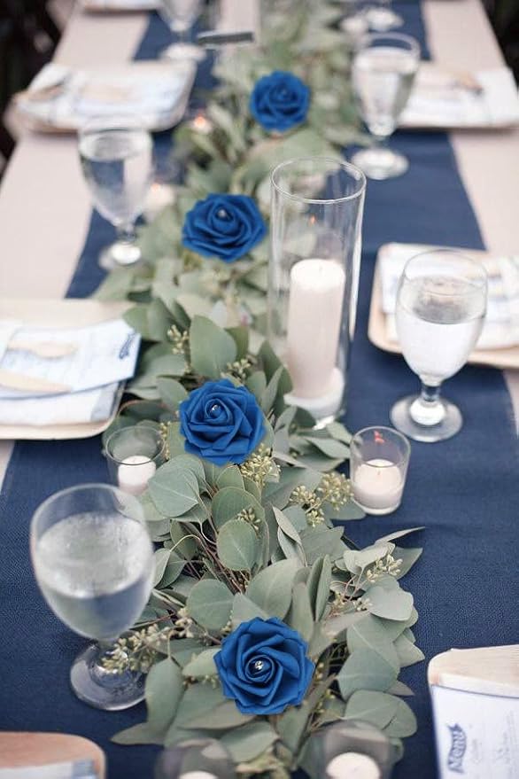 Royal Blue Roses with Crystal 50PCS Blue Foam Roses for Craft 2.95" Fake Blue Roses Artificial Flowers for Bridal/Baby Shower Decorations Wedding Centerpieces for Table (Royal Blue)
