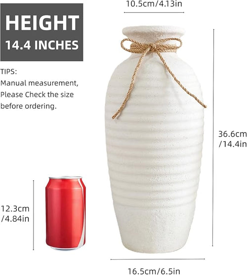 14.4 Inch Tall Ceramic Vase, Large Rustic Vintage Farmhouse Threaded Vases for House Book Shelf Office Coffee Desk Dining Fireplace,White