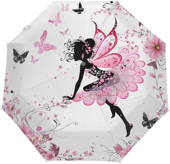 Windproof Travel Umbrella Pink Flower Butterfly Girls Compact Auto Open/Close Folding Umbrellas for Rain
