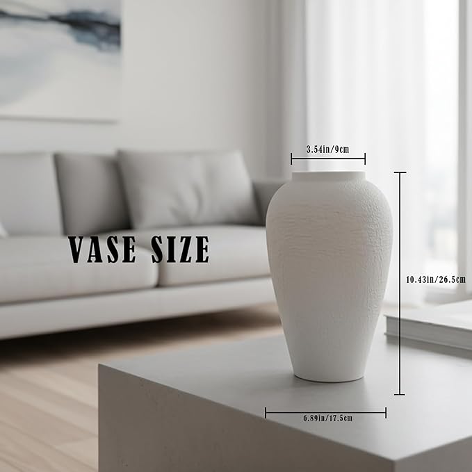Vintage Ceramic Vase, Minimalist Texture Stone Patterned White Flower Vase, Decorative Vase for Living Room Shelf Farmhouse Dining Table Centerpiece Decor (White Texture 10.4'')