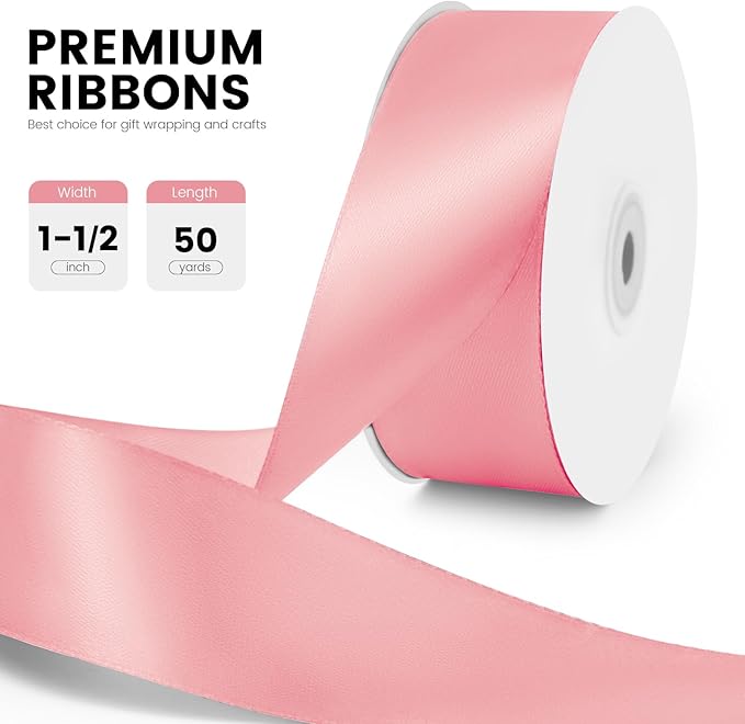 1-1/2" x 50 Yards Satin Ribbon - Pink Silk Ribbon with Spool - Ideal for Gift Wrapping, Floral Bouquets, Crafts, Wedding Party Decorations, Christmas and Sewing Projects