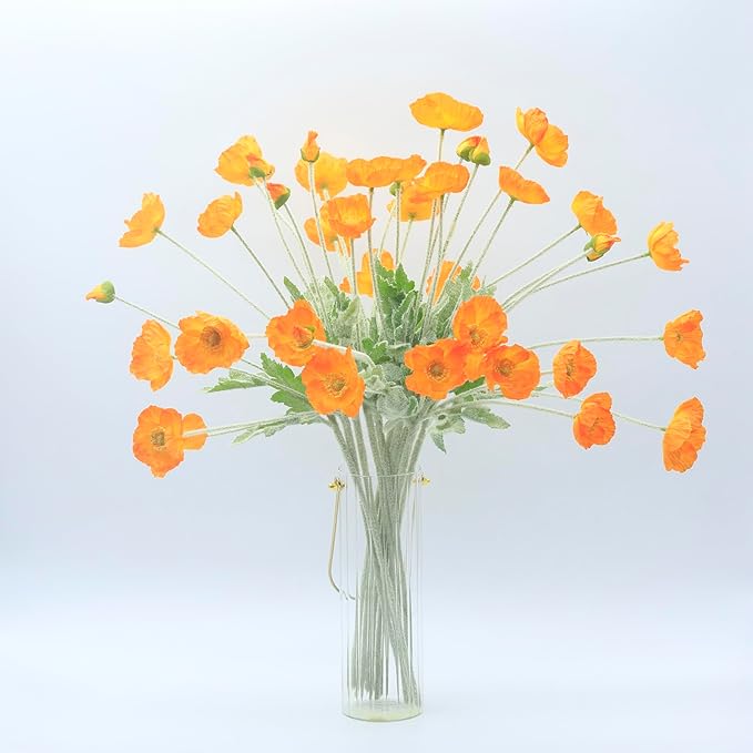 2 Pcs Artificial Fake Flowers Poppies Silk Flower Arrangements Wedding Bouquets Decorations Plastic Floral Table Centerpieces for Home Kitchen Garden Party Decor Approx 23.6" High - Light Orange
