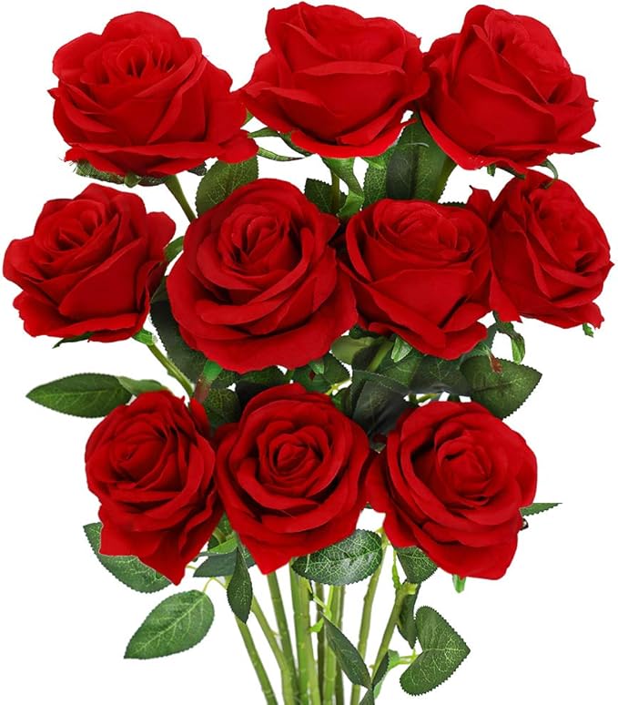 Luyue 10PCS Artificial Roses Flower with Stems Slik Fake Flowers Bouquet Realistic Long Stem Faux Rose for Valentines Day Wedding Home Decor