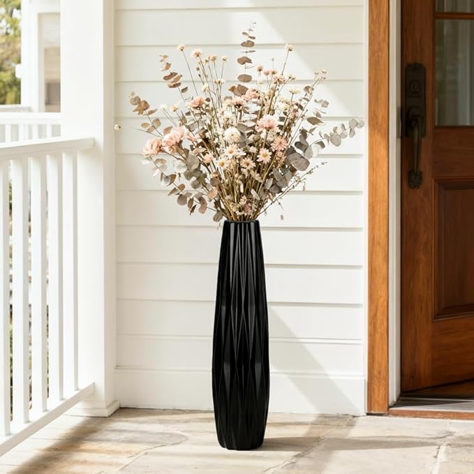 Tall Black Floor Vase – 24" Twisted Geometric Ceramic Vase for Modern Home, Living Room, Table Centerpiece or Corner Decoration