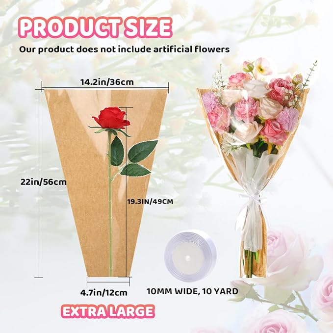 HSONAIGEE 50 Pieces Flower Bouquet Wrapping Paper, 22 x 14.2 Inch Extra Large Flower Bags for Bouquets Kraft Floral Wrap Sleeves with Ribbons for Home Mother’s Day Wedding Flower Bar Supplies