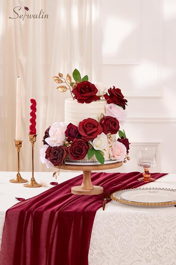 Serwalin Artificial Flowers Silk Fake Flowers Roses for DIY Wedding Bouquets Centerpieces Arrangements Party Bridal Baby Shower Home Decorations Cake Flowers (Burgundy & Pink)