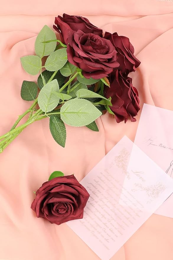 Artificial Rose Flower Burgundy Rose Flower Silk Flowers 12 pcs with Long Stem Silk Roses Bouquet for Wedding Bridal Shower Party Home Decoration