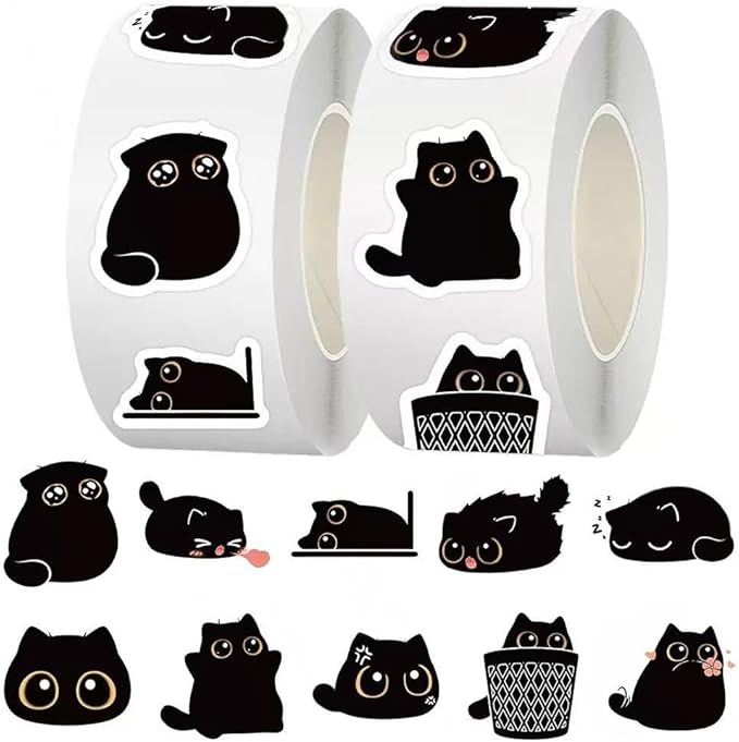 1000 Pcs Black Cats Decor Stickers Bulk 2 Roll 1 Inch,Cute Animal Sticker Pack Book Water Bottles Laptop,Cartoon Cat Meme Stickers for Boys Girls