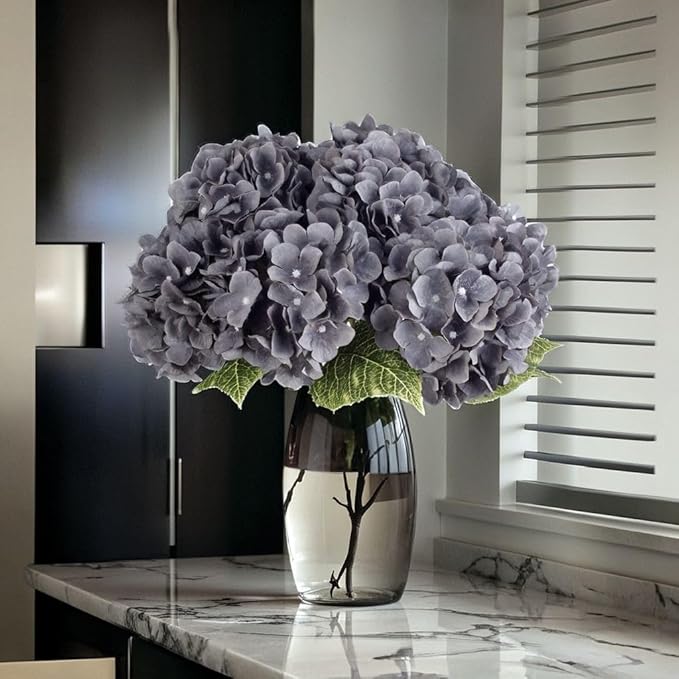 2Bouquets Artificial Fake Flowers Plants Silk Hydrangea Arrangements Wedding Bouquets Decorations Plastic Floral Home Kitchen Garden Party Festival Bar DIY (Gray,5 Flower Heads)