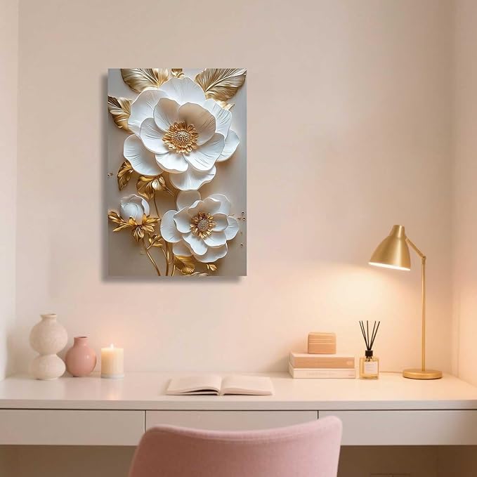 ZSHARTSWD Abstract White & Gold Floral Canvas Wall Art Elegant Flowers Pictures Prints White Flower Golden Leaves Painting Living Room Bathroom Decor Framed (Gold, 18L x 12W)